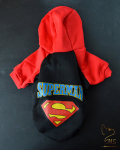 Pull pour chat noir et rouge avec inscription Superman